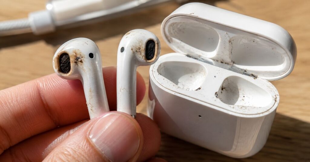 Dirty AirPods with earwax, dust, and lint before cleaning.