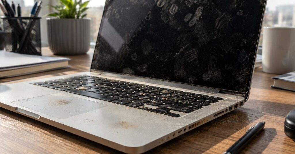 Dirty laptop with dust, fingerprints, and crumbs before cleaning.