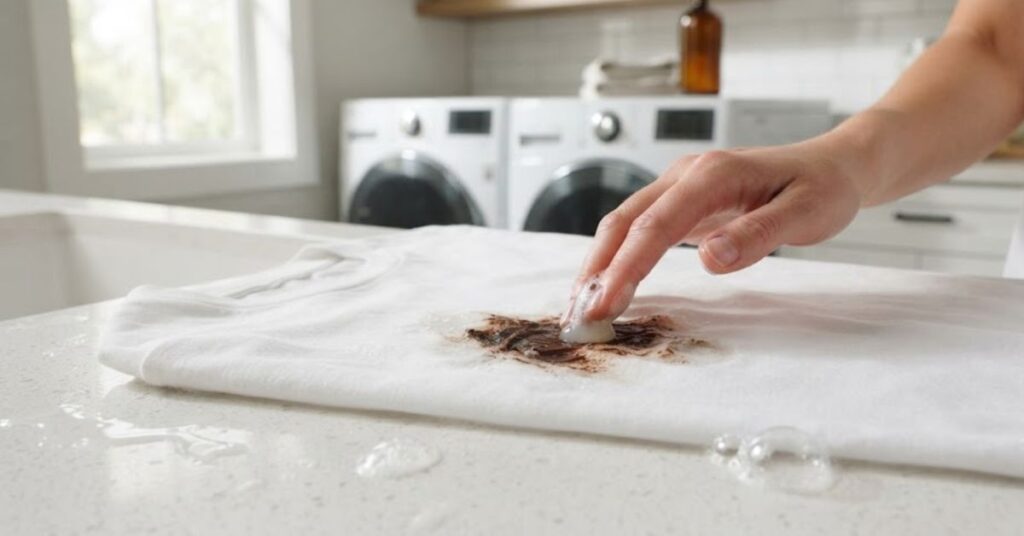 Treating a chocolate stain with mild dish soap