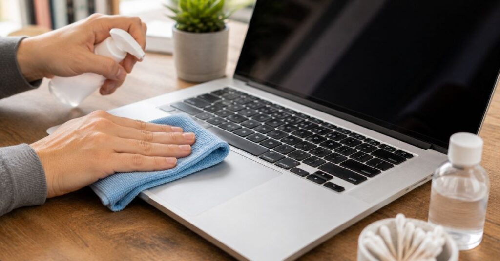 Disinfecting a laptop keyboard safely with isopropyl alcohol.