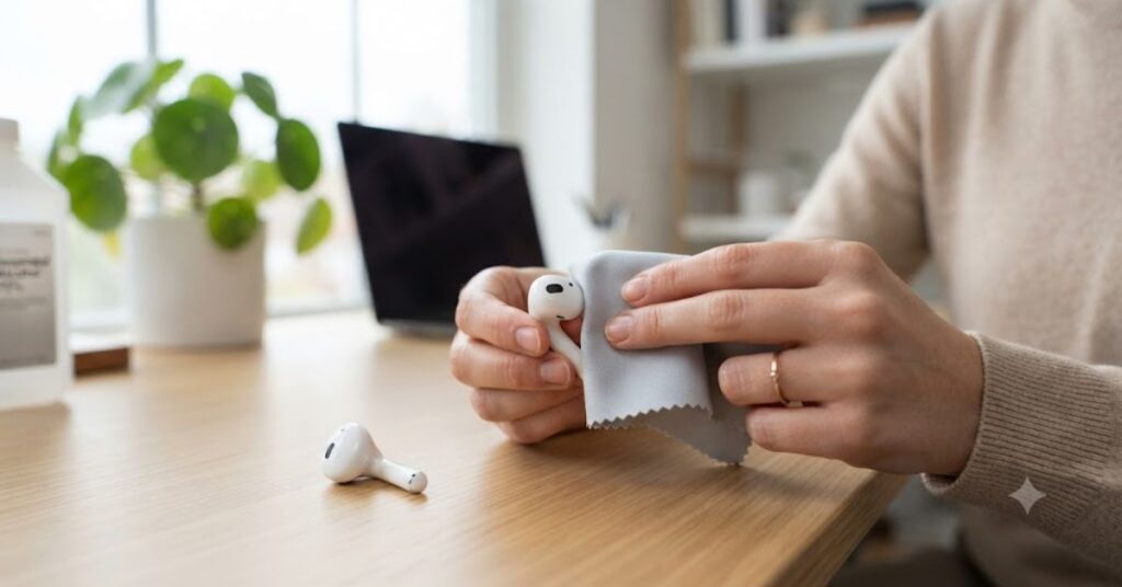 Disinfecting AirPods safely using a microfiber cloth and isopropyl alcohol.

