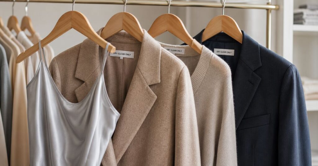 Silk, wool, and cashmere garments labeled dry clean only.