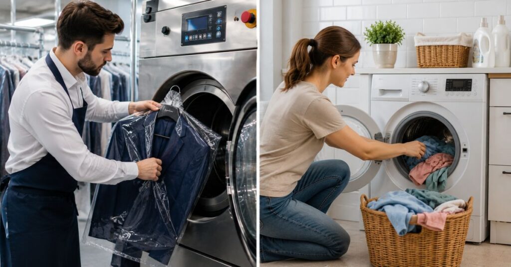 Dry cleaning compared with washing clothes at home.