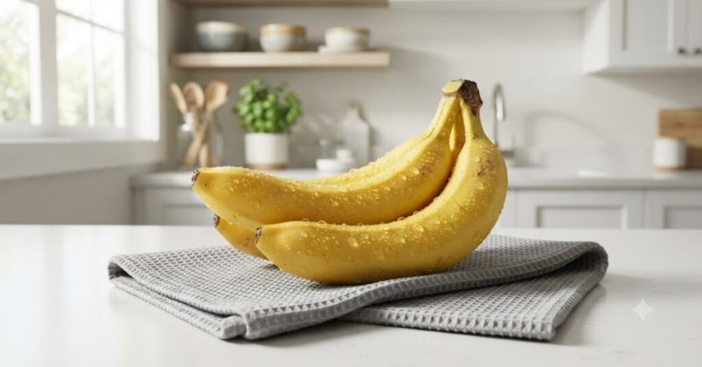 Washed bananas drying on a clean kitchen towel before storage.