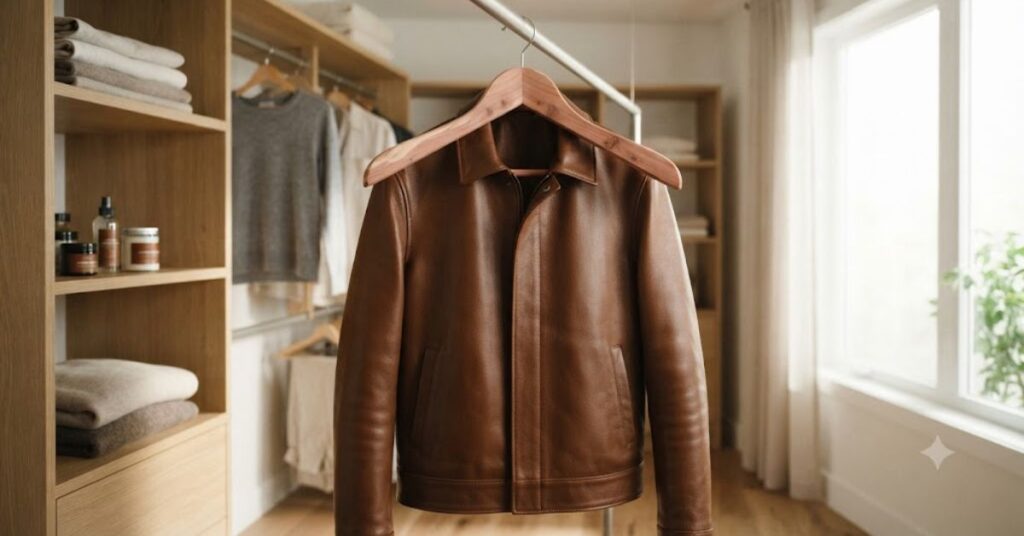 
Leather jacket hanging on a hanger to dry naturally after cleaning.
