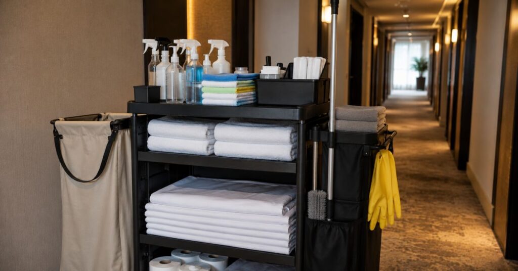 Hotel housekeeping cart stocked with professional cleaning supplies.