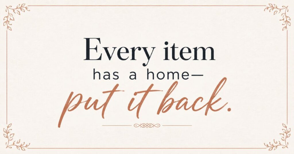 Every item has a home—put it back quote displayed in a clean, organized home with a tidy and clutter-free modern interior.