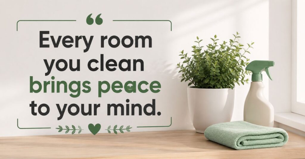Every room you clean brings peace to your mind quote featured in a bright, tidy home with a calm and organized modern interior.