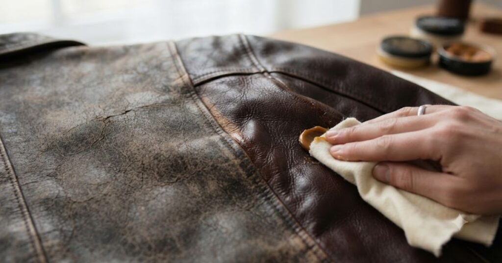 
Restoring dry cracked leather jacket with conditioner to improve texture.
