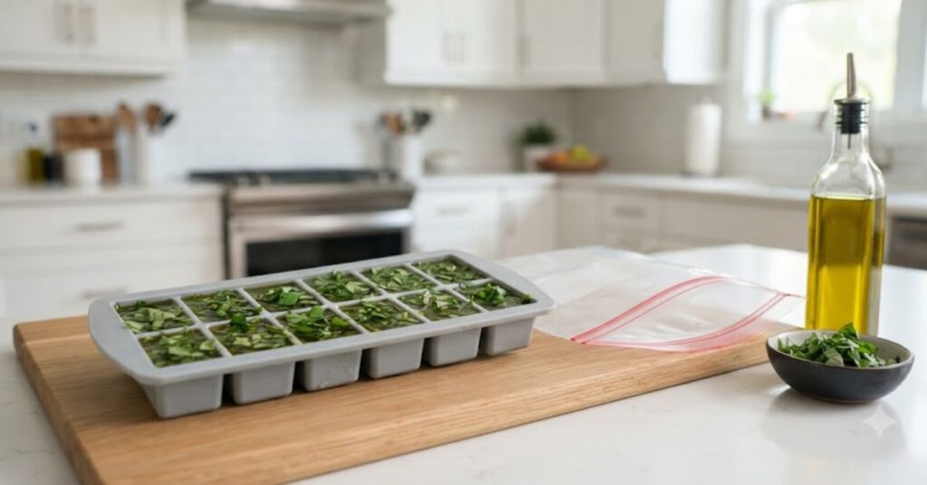 Fresh basil frozen in olive oil ice cubes for long-term storage
