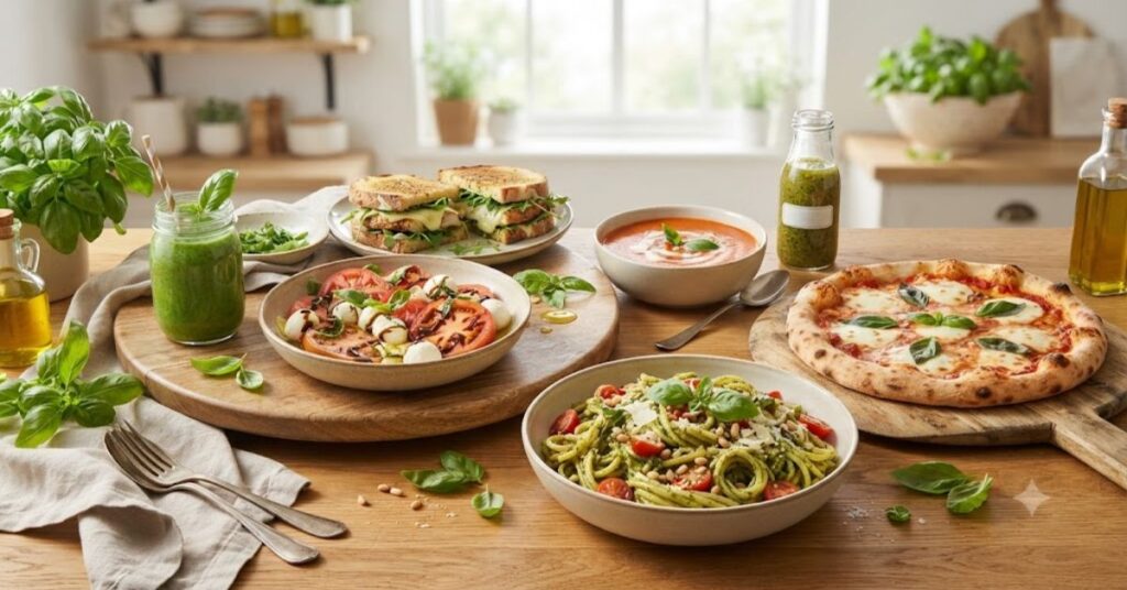 Fresh basil recipe ideas including smoothies salads pasta and sandwiches