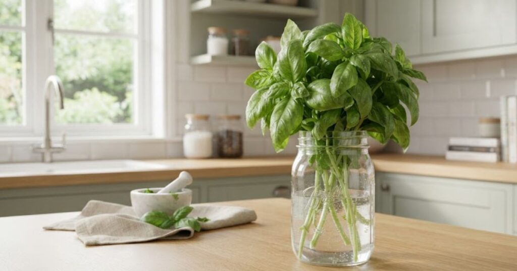 Fresh basil stems stored upright in a glass jar of water to stay fresh longer