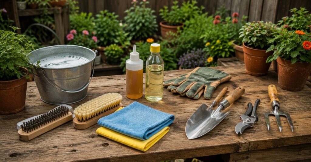 : Essential supplies needed for cleaning and maintaining garden tools