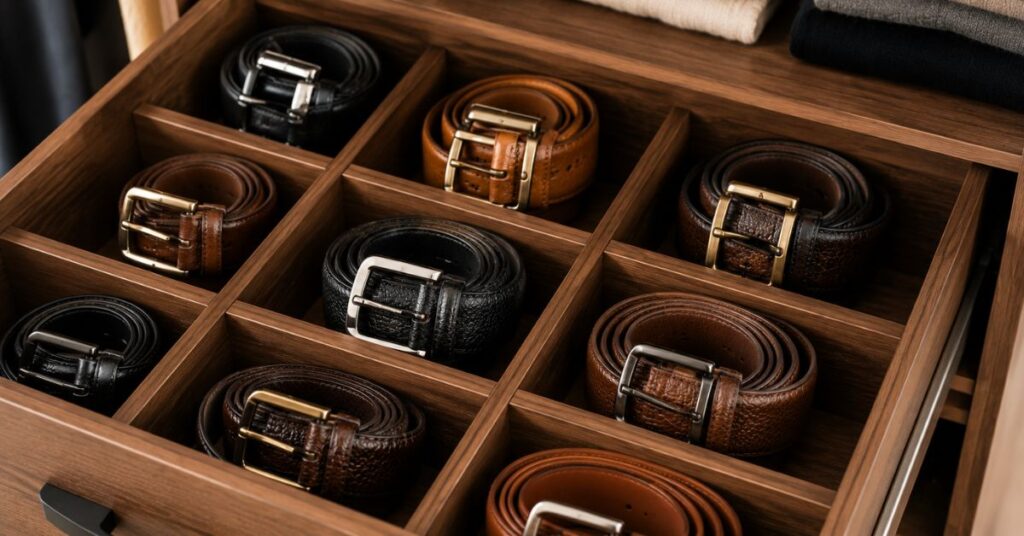Premium black and brown leather belts stored in a drawer organizer