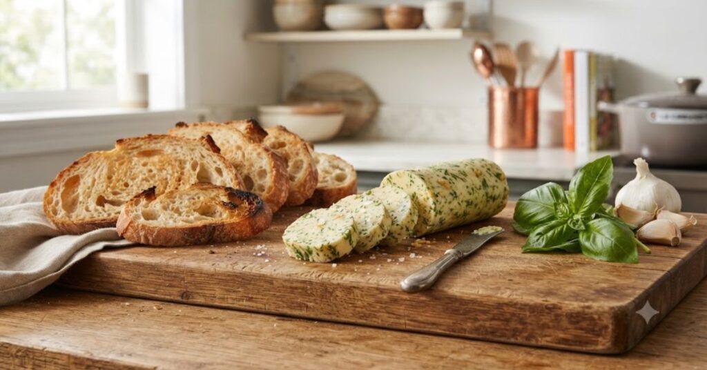 Garlic basil butter served with toasted bread