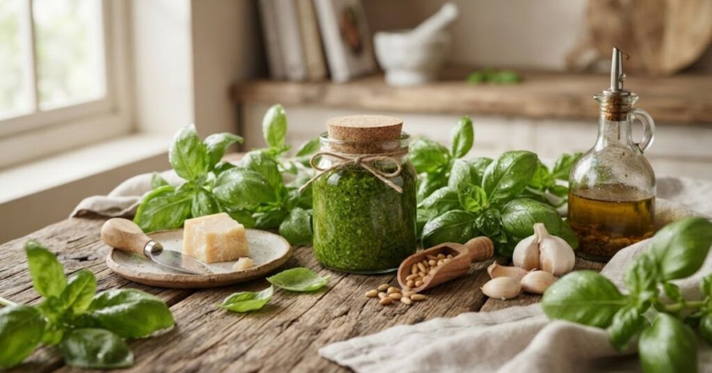 Homemade basil pesto in a glass jar with fresh basil leaves