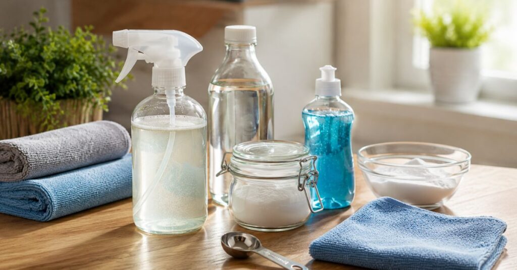 DIY fabric sofa cleaning solution made with vinegar and dish soap