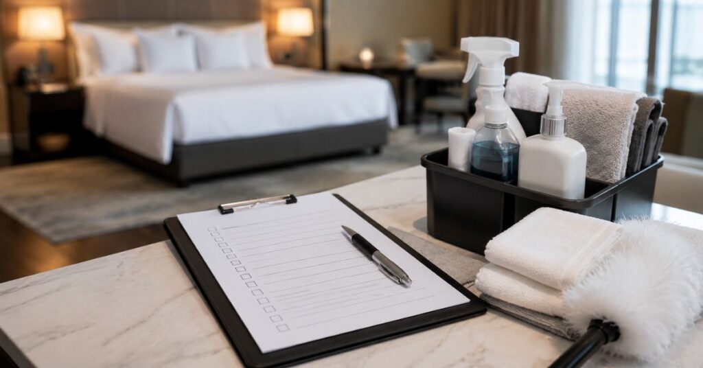 Hotel housekeeping cleaning checklist on a clipboard.