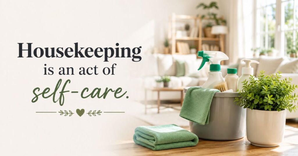 Housekeeping is an act of self-care quote displayed in a clean, cozy modern home with a peaceful and organized interior.