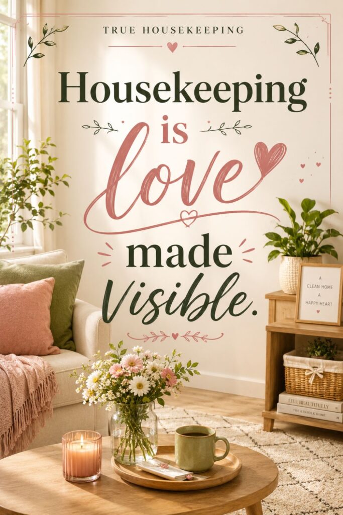 A warm and tidy home with a person lovingly cleaning and organizing the space, showing that housekeeping is love made visible. "Housekeeping is love made visible."