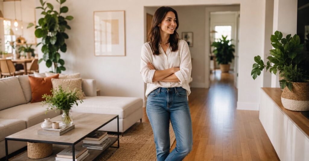 Bright, organized modern home with a homeowner enjoying a clean and clutter-free living room.