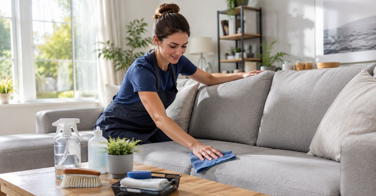 Person cleaning a gray fabric sofa with a microfiber cloth in a bright modern living room