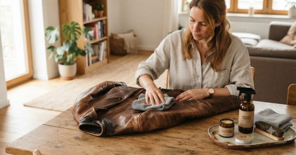 Person cleaning a brown leather jacket at home with a microfiber cloth and leather cleaning supplies.