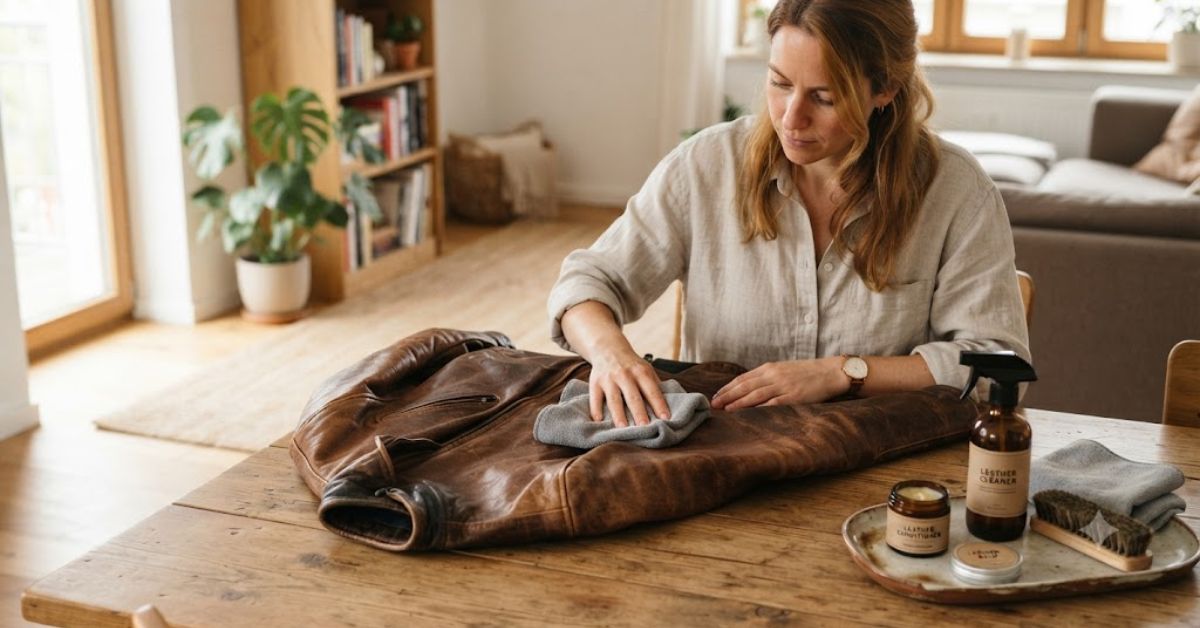 Person cleaning a brown leather jacket at home with a microfiber cloth and leather cleaning supplies.