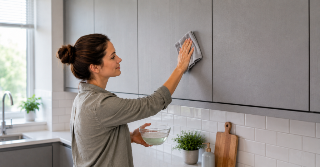 Cleaning painted kitchen cabinets with a soft microfiber cloth for a streak-free finish.