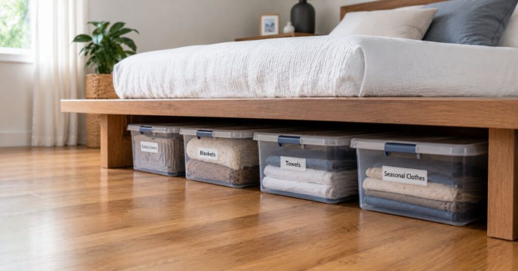 Organized under-bed storage containers after cleaning