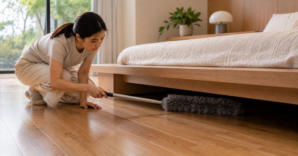 Cleaning under a bed with a long-handled microfiber duster