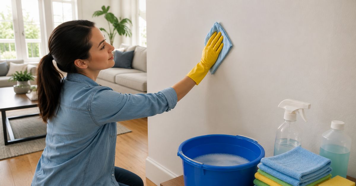 How to clean painted walls without removing paint using a microfiber cloth and mild soap solution.