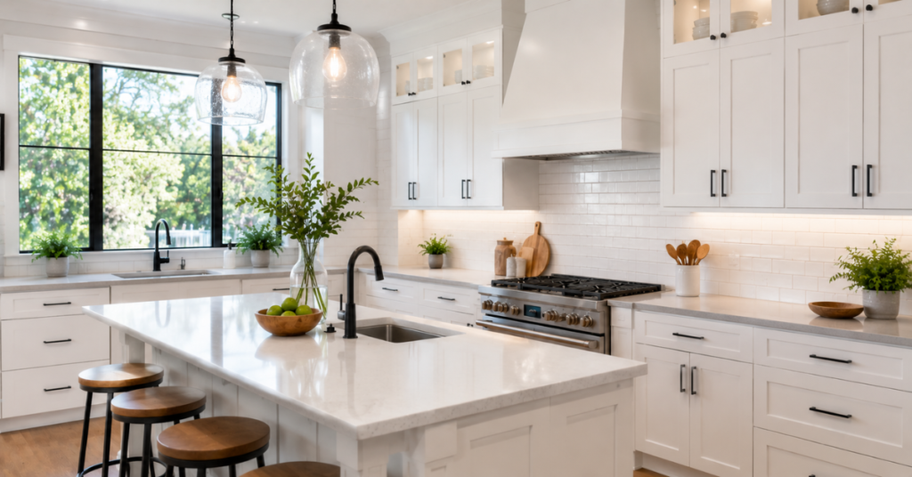 Cleaning white kitchen cabinets with a microfiber cloth and mild soap solution.