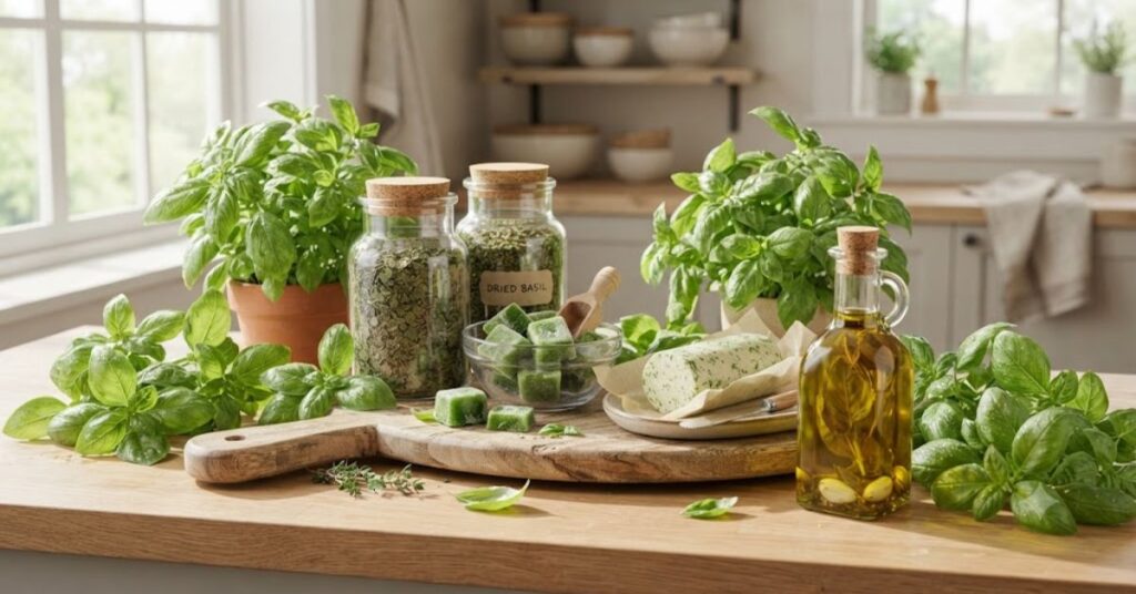 Different methods to preserve fresh basil including drying freezing and herb butter