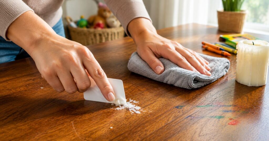 Removing crayon and candle wax from a wooden table safely.
