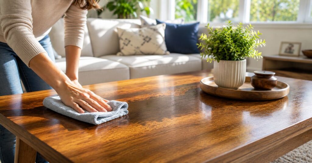 Dusting a wooden table with a clean microfiber cloth.