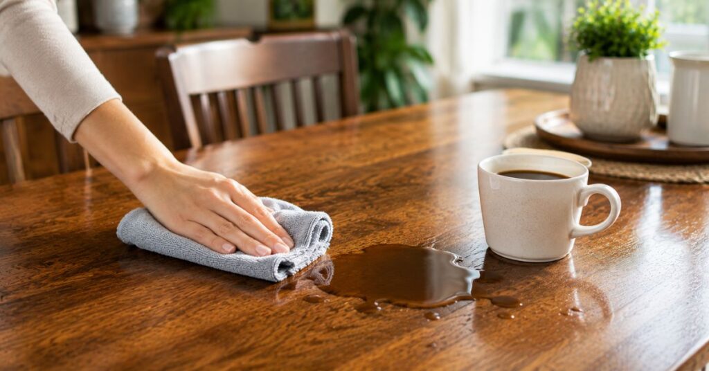 Cleaning a fresh coffee spill from a wooden dining table.