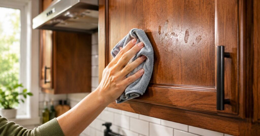 Cleaning grease and fingerprints from a wooden kitchen cabinet.