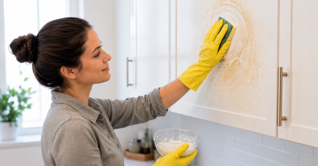 Removing grease buildup from kitchen cabinets using a gentle degreasing cleaner.