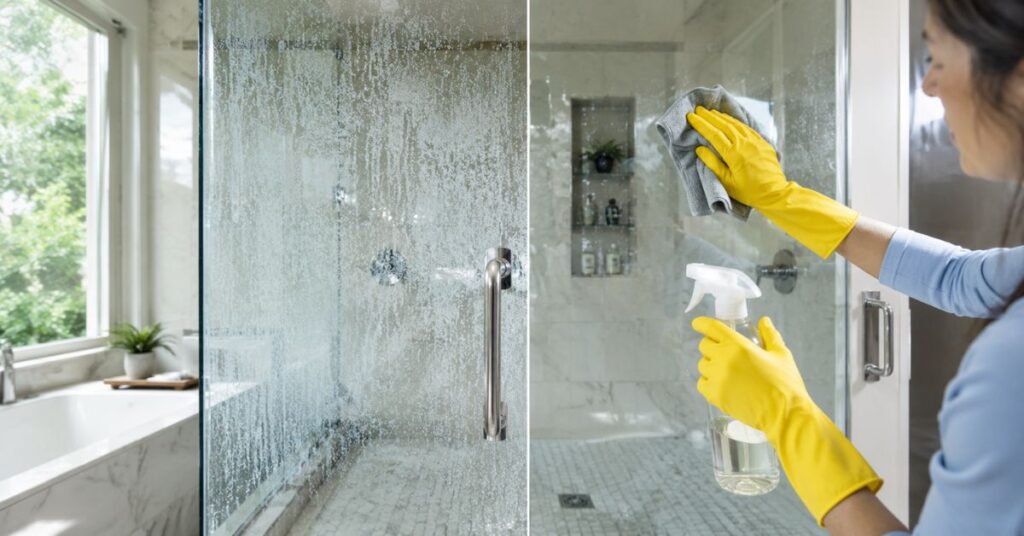Before and after removing hard water stains from shower glass naturally.