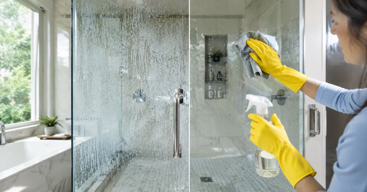 Before and after removing hard water stains from shower glass naturally.