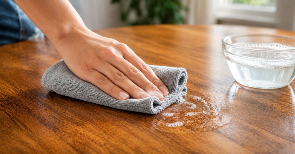 Removing sticky residue from a wooden table with a soft microfiber cloth.
