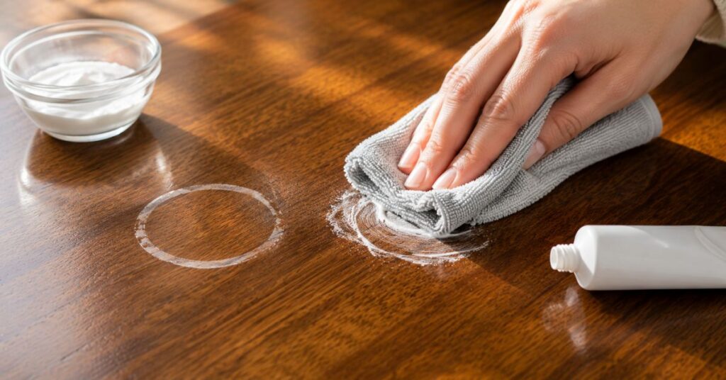Removing white water rings from a wooden table using toothpaste and a soft cloth.