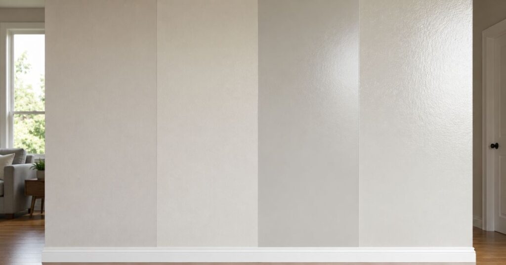 Different painted wall finishes including matte, eggshell, satin, and semi-gloss.