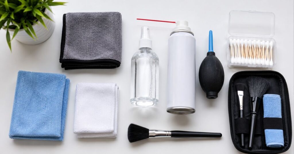 Laptop cleaning supplies including microfiber cloth, compressed air, and electronics cleaner.