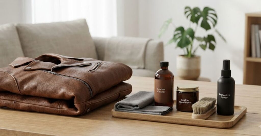 
Leather jacket cleaning supplies including conditioner, cleaner, brush, and microfiber cloth.
