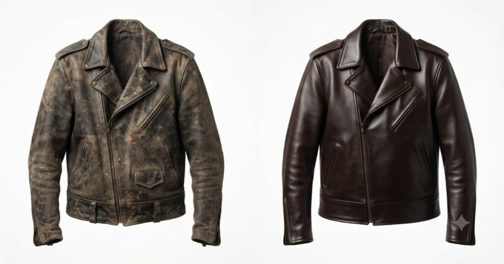 
Before and after comparison of a dirty and clean leather jacket after proper cleaning.
