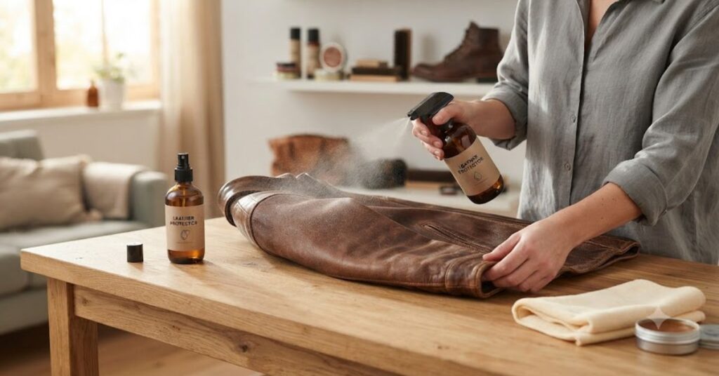 
Applying leather protector spray to protect a jacket from moisture and water damage.

