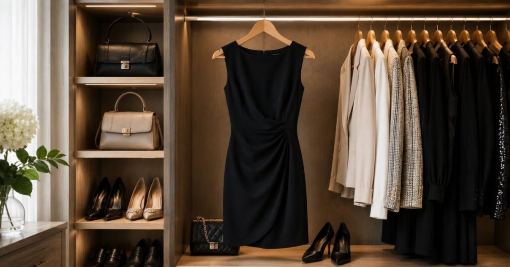 Elegant little black dress hanging neatly in a modern closet.