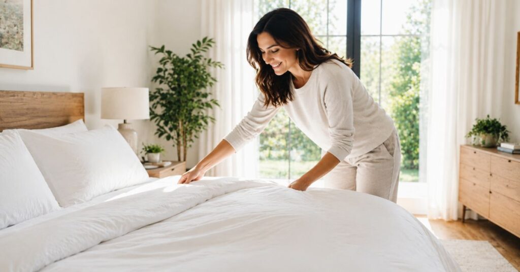 Homeowner making a neatly arranged bed in a bright and organized bedroom.